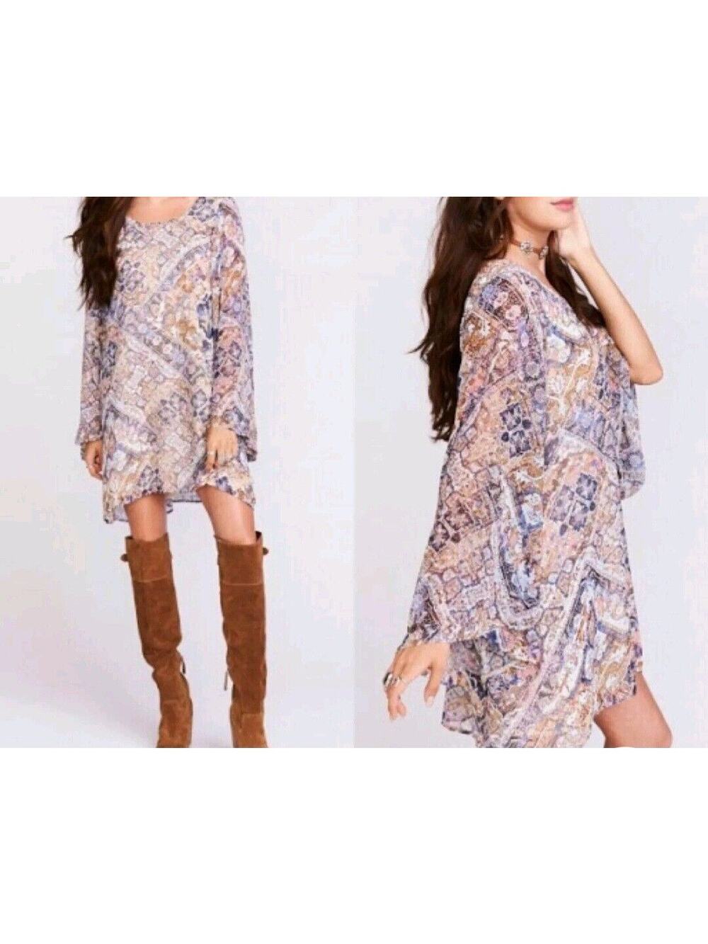 Show Me Your MuMu Sheer Bell Sleeve Boho Pattern Dress Mini Lined Bohemian Flowy